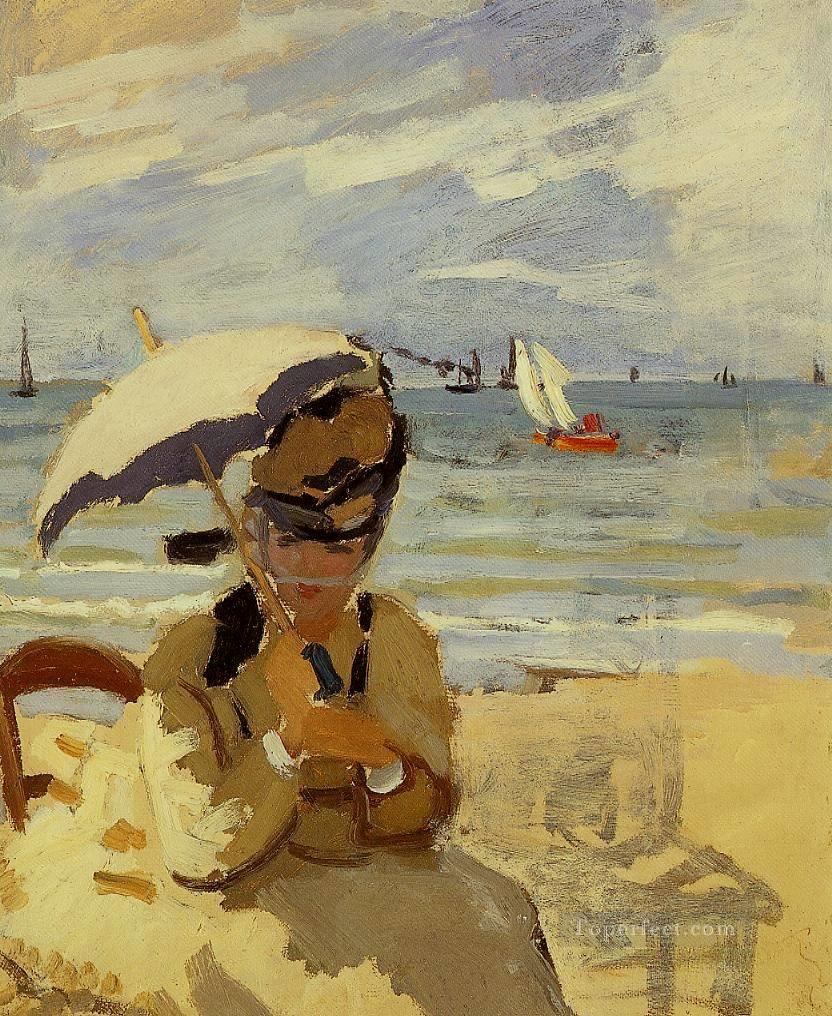トルヴィルの浜辺に座るカミーユ クロード・モネ油絵